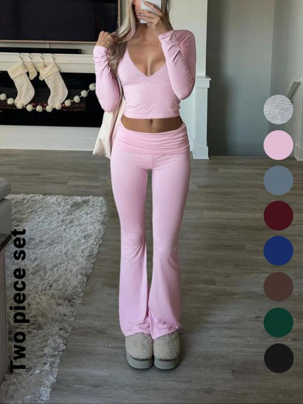 Slim-Fit V-Neck Crop Top & Pants Set