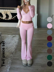 Slim-Fit V-Neck Crop Top & Pants Set