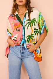 Satin Colorblock Print Oversized Button-Down Blouse