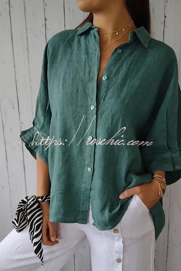 Linen Blend Tie-Back Loose Shirt Top | 3/4 Sleeve