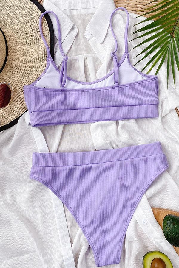 Purple Rib-Knit High-Waisted Padded Tankini Top