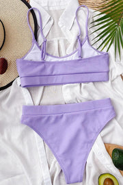 Purple Rib-Knit High-Waisted Padded Tankini Top