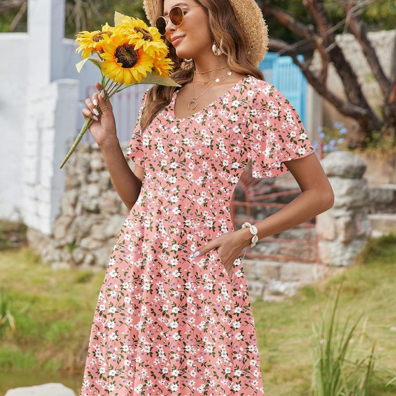 ZEAGOO Women's Summer Dress Casual Swing Floral Ruffle Short Sleeve Sundresses Beach Mini A-line Shift Dress with Pockets summerwins