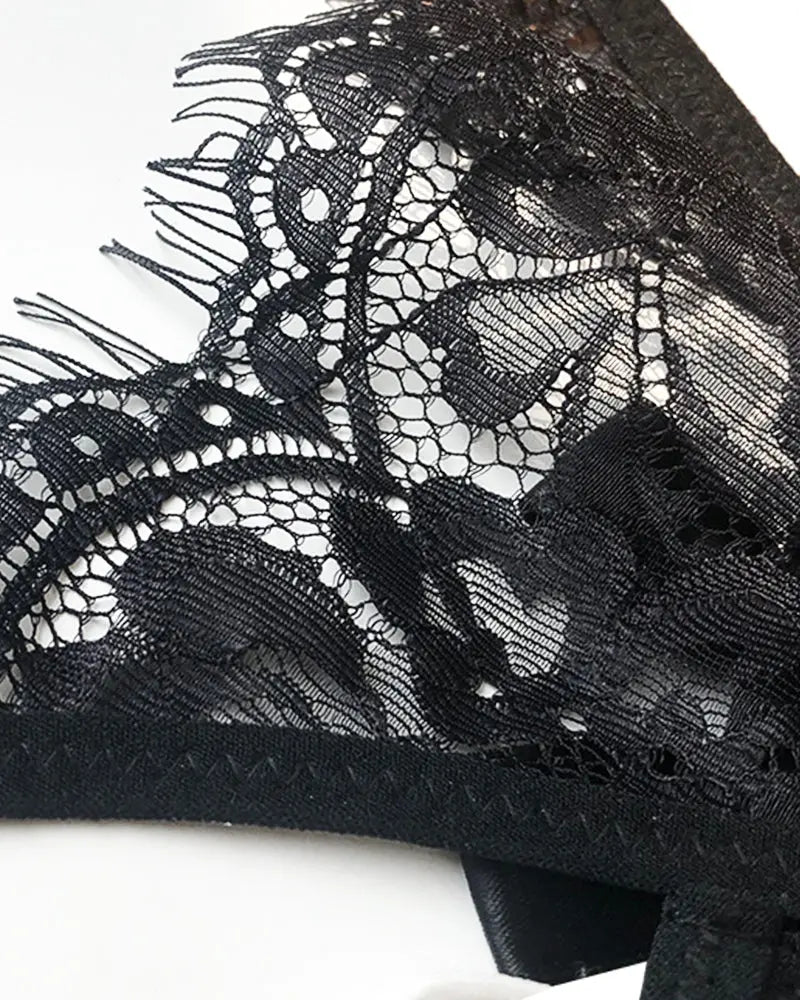 Eyelash Lace Floral Bow Thong Panties – Sheer Strappy