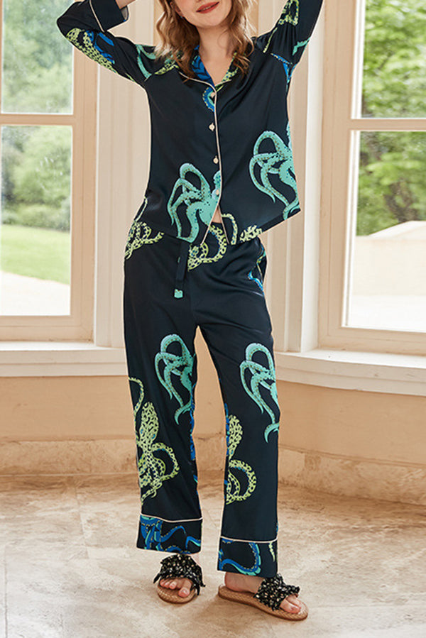 Black Octopus Print Long Sleeve Two-Piece Lounge Set