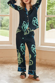 Black Octopus Print Long Sleeve Two-Piece Lounge Set