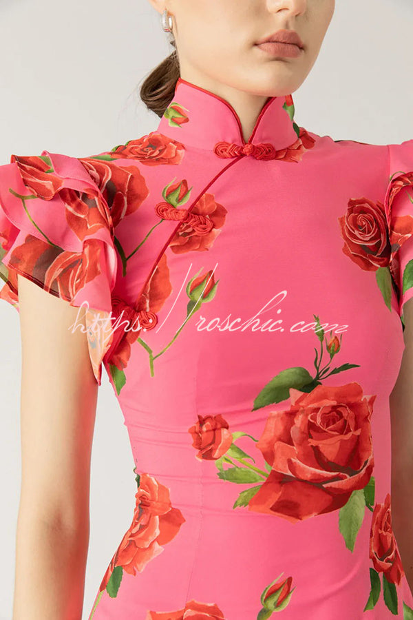 Rose Floral Print Cheongsam Maxi Dress with Tiered Sleeves