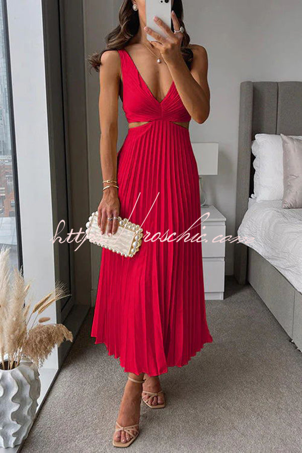 Satin Pleated Cutout Waist Sleeveless Midi Dress