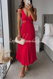 Satin Pleated Cutout Waist Sleeveless Midi Dress