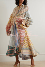 Rainbow Patchwork Striped Linen Blend Midi Dress