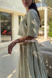Linen Blend Crop Jacket with Metal Pattern Buttons & Slit Sleeves