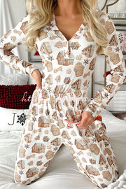 Gingerbread Print Ribbed Pajama Set with Elastic Waist