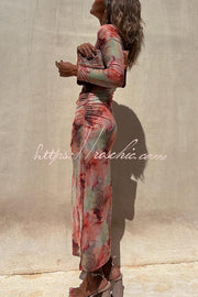 Mesh Overlay Tie Dye Long Sleeve Ruched Midi Dress