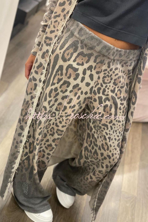Leopard Print Cardigan & Elastic Waist Pants Lounge Set