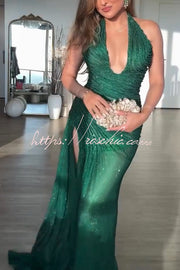 Sequin Pleated Halter Maxi Dress with Slit & Drape