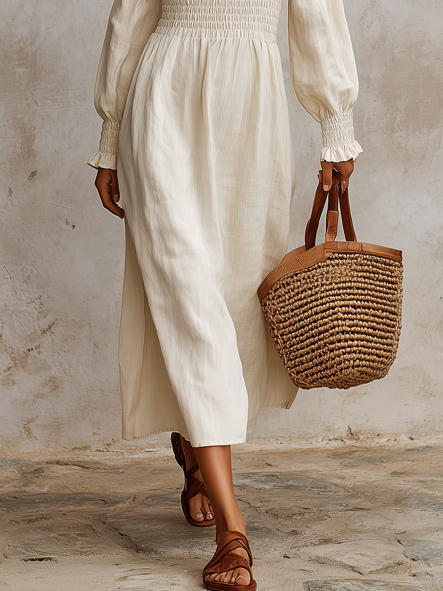 Smocked Linen Off-Shoulder Maxi Dress | Boho Style