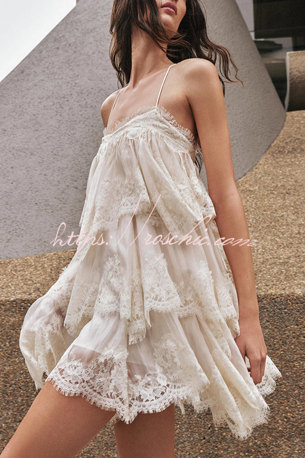 Layered Lace Trim Chiffon Backless Mini Dress with Adjustable Straps