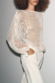 Sequin Knit Balloon Sleeve Cover-Up Top | Loose Wide Neck