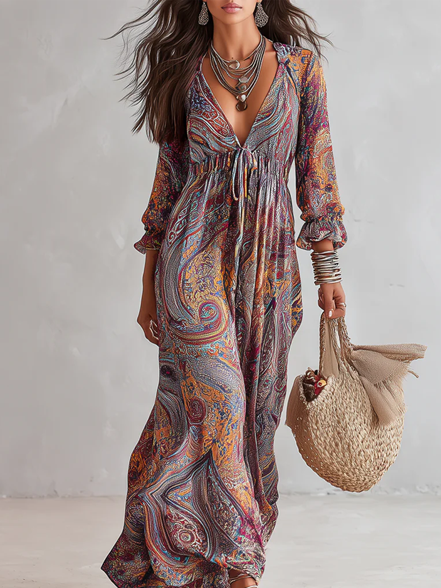 Vintage Paisley Print V-Neck Dress with Tie Waist