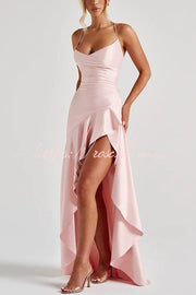 Backless Lace-Up Ruffle Maxi Dress – Spaghetti Strap