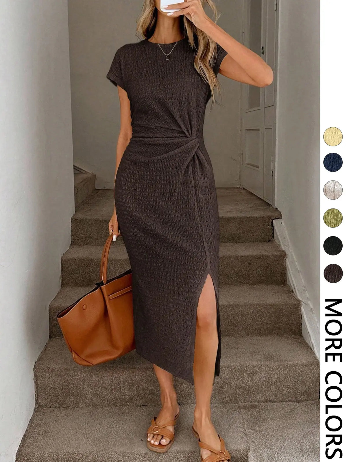 Elegant Waist Twist High Slit Sleeveless Midi Dress, Casual Apricot Textured Bodycon Dress, Women's Birthday Outfit, Women's Fitness Set, Women's Wedding Guest Dress, Women's Office Wear,  Graduation Dress, Minimalist