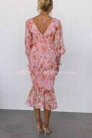 Floral Smocked Waist Long Sleeve Midi Dress