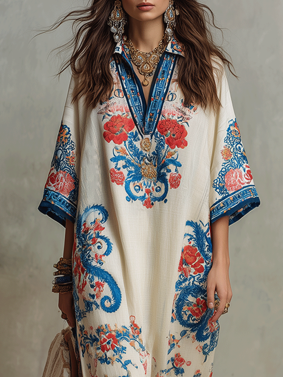 Bohemian Floral Paisley Kaftan Midi Dress in Ivory Blue