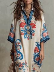 Bohemian Floral Paisley Kaftan Midi Dress in Ivory Blue