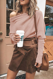 Ribbed Off Shoulder Long Sleeve Top – Loose Casual Fit