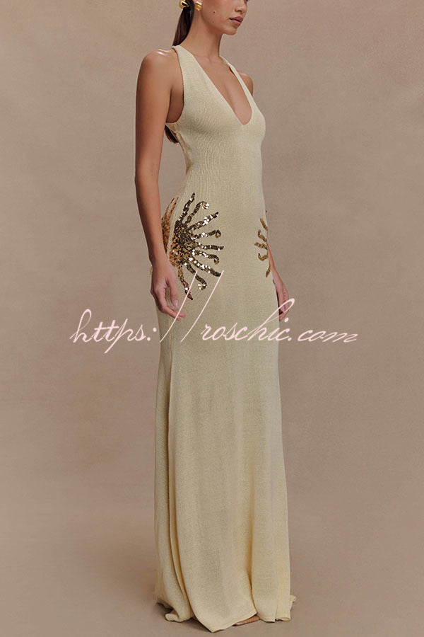 Sequin Knit Maxi Dress with Open Cross-Strap Back