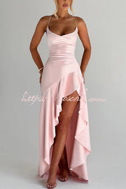 Satin Back Lace-Up High Low Ruffle Maxi Dress