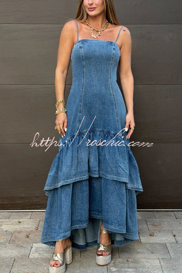 Denim Sleeveless Maxi Dress with Ruffle Hem & Back Zipper