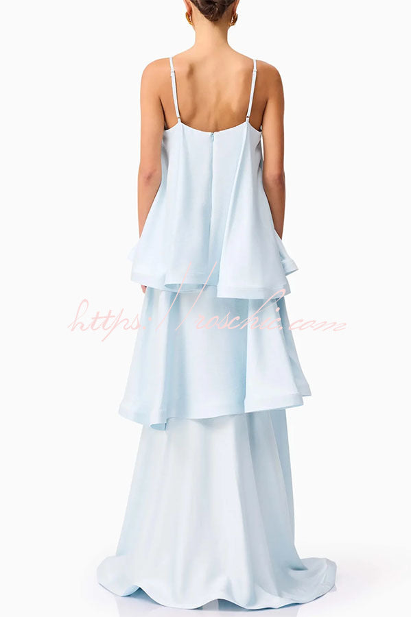 Satin Tiered Maxi Dress – Square Neck Sleeveless A-Line