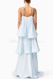Satin Tiered Maxi Dress – Square Neck Sleeveless A-Line
