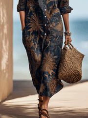 Bohemian Tropical Print Midi Dress in Midnight Blue