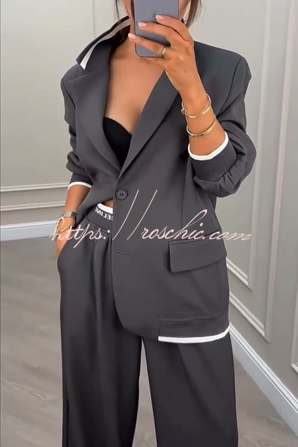 Ribbed Colorblock Lapel Blazer & Loose Pants Set