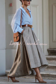Linen Blend Balloon Sleeve V-Neck Blouse – Loose Fit