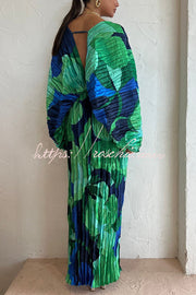Tropical Print Kimono Sleeve Pleated Cocoon Maxi Dress