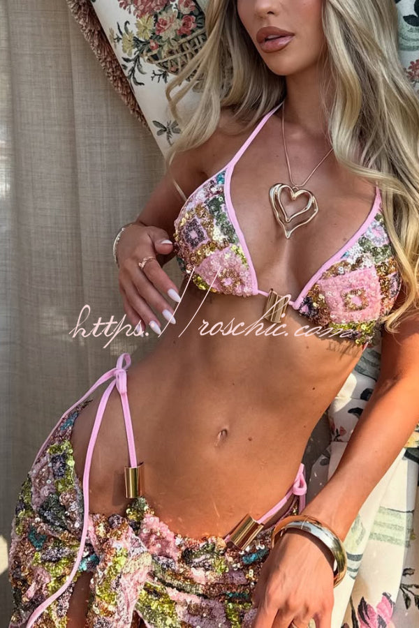 Sequin Halter Bikini Set with Beach Cover-Up Mini Skirt