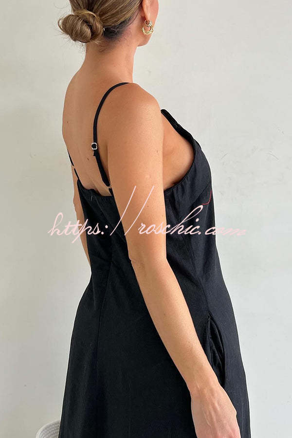 Linen Blend Floral Embellishment Maxi Dress with Pockets
