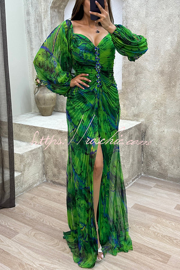 Off Shoulder Printed Pleated Maxi Dress with Diamond Detail