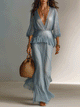 Sky Blue Shimmer Pleated Boho Maxi Dress