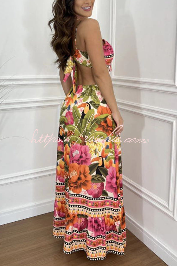 Tropical Print Maxi Dress - Lace-Up V Neck Vacation Dress