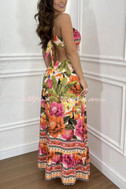 Tropical Print Maxi Dress - Lace-Up V Neck Vacation Dress