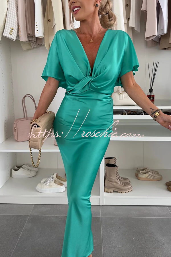 Satin V-Neck Cross Knot Slim Maxi Dress