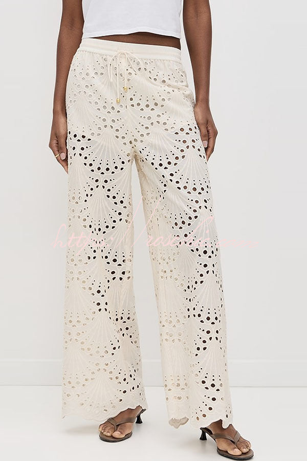 Embroidered Lace Wide Leg Pants with Elastic Waist & Pockets