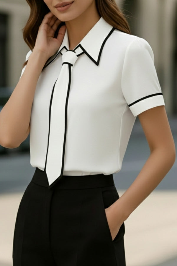 Color-Block Collared Short Sleeve Casual Shirt