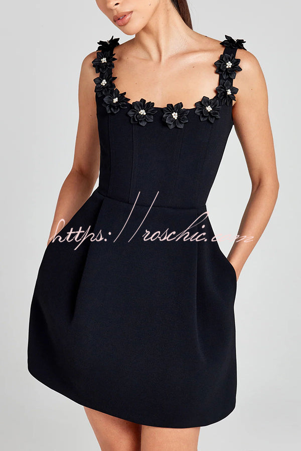 Faux Pearl Flower Applique Square Neck Mini Dress with Pockets