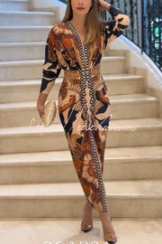 Printed Dolman Sleeve Ruched Slit Midi Dress