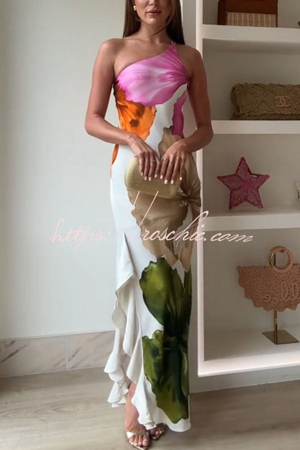 Floral Print One Shoulder Maxi Slip Dress with Side Ruffles
